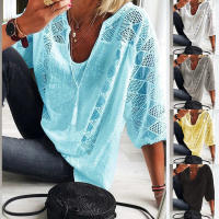 Blusa de Lino y Algodón para Mujer Cuello en V, Manga 3/4, Blusa Holgada Informal, Moda Diaria - details 4