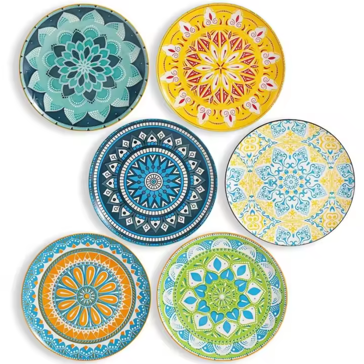 ‎ 25,5 x 25,5 x 3 cm Juego de 6 Platos Planos Grandes de Porcelana - Vajilla de Ceramica para Cocina Colores Diseño - Set para Cena - Apto para Microondas y Lavavajillas - 1