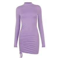 Vestido ajustado fruncido de manga larga para mujer, Mini Vestidos ceñidos con cuello alto, Vestidos de fiesta elásticos ajustados negros de otoño - details 5