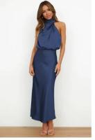 BUNO-Vestido de satén de color sólido de Europa América, sin mangas, elegante, temperamento ligero, Gala, primavera y verano, un hombro cuello alto tanque satén mujer vestido de fiesta bata con cremallera sin mangas elegante Vintage pliegues ropa de mujer - details 12
