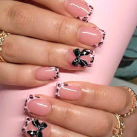 24Pcs Uñas Postizas Francesas Con Leopardo Y Lazo Negro 3D Uñas Postizas Cortas Cuadradas Para Mujer Cubierta Total De Fingertips Material ABS Para El Office - details 1