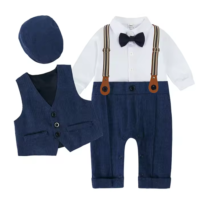 Nueva gran oferta, conjunto de ropa para bebés y niños, camisa de 3 uds., pelele con pajarita, chaleco y sombrero, vestido para recién nacidos, trajes de fiesta para niños pequeños - 1