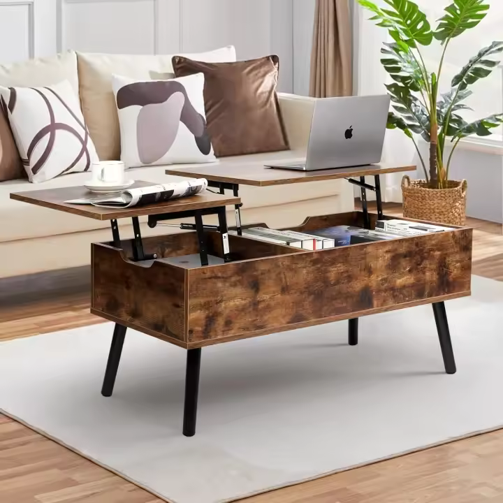 Mesa de Centro, Mesa de Centro Regulable en Altura, Extraíble, Extensible, Compartimento de Almacenaje Oculto Independiente, Tablero Elevable Doble, Mesa de Sofá de Salón, Color Madera - 1