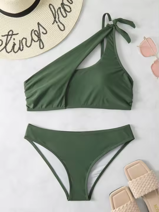 Bikini de un hombro para mujer, traje de baño negro liso, conjunto de dos piezas, traje de playa, - 1