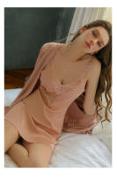 Grandeur Plus Size Sexy Color sólido Encaje Bordado Bata Cardigan Vestido de corte bajo Conjunto de ropa de descanso - details 18