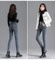 Pantalones vaqueros térmicos de lana gruesa para mujer, Vaqueros ajustados cálidos de cintura alta, pantalones pitillo con botones elásticos, pantalones vaqueros informales de terciopelo para mamá - details 15