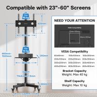 Soporte TV Ruedas para Pantallas de 23 a 60 Pulgadas, Soporte TV Suelo Ajustable en Altura con Estante, Soporte TV Movil Compatible con VESA 50x50mm a 400x400mm, Capacidad 40kg, Negro - details 5