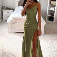 Vestido largo de noche con cuello descubierto para mujer, traje de satén sin mangas, informal, para fiesta - details 5