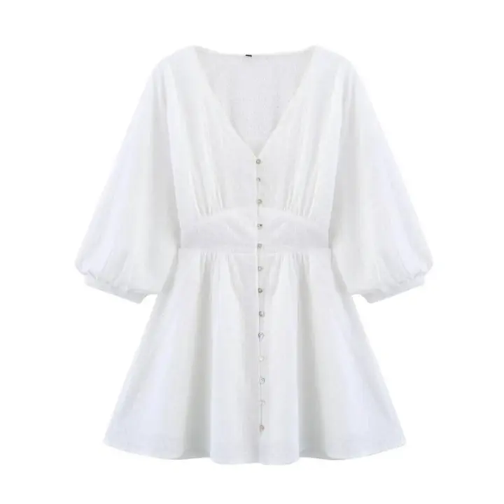Vestido Mini de Bordado Hueco de Primavera 2025 Manga Abullonada, Cuello en V, Cintura Delgada, Vestido Blanco de Verano - 1