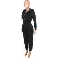 Conjunto de dos piezas de chaqueta y pantalones holgados con capucha, bolsillos y diseño de patchwork de color sólido para mujer 9318 - details 10