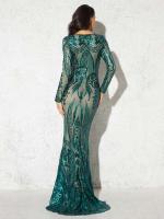 Vestido de fiesta modesto y elegante de noche con lentejuelas elásticas de manga larga hasta el suelo con cuello redondo - details 7