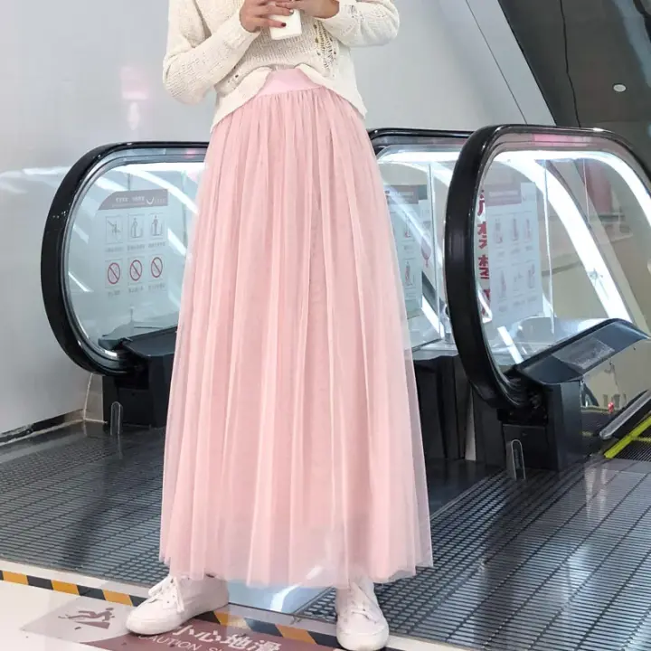Falda Maxi de Malla de Cintura Alta Estilo A Línea Adelgazante con Pliegues 3 Capas para Mujeres - 1