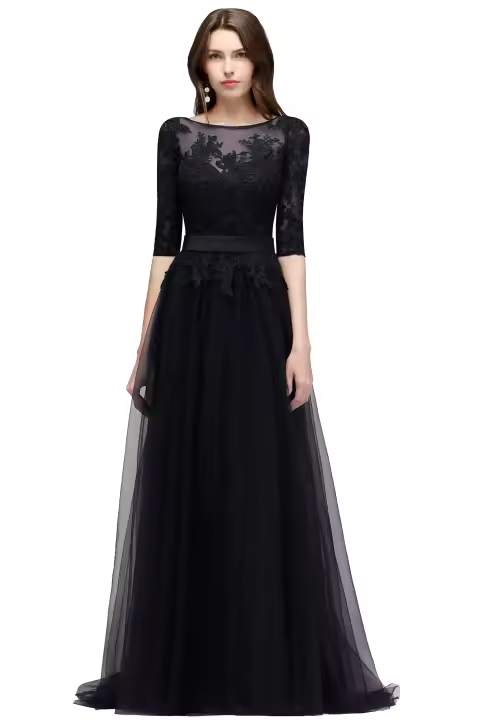 Vestidos de noche Escote redondo en gasa, elegantes apliques de tul de media manga para fiesta formal, hasta el suelo, sin espalda con - 1
