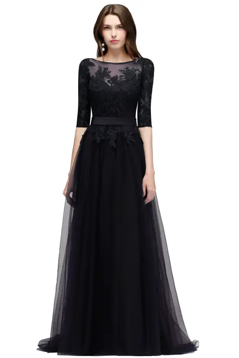 Vestidos de noche Escote redondo en gasa, elegantes apliques de tul de media manga para fiesta formal, hasta el suelo, sin espalda con - 1