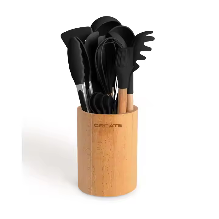 Set de utensilios de cocina de silicona y madera - 1