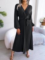 Vestido largo plisado de manga larga con cuello en V elegante para mujer - details 8