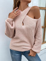 Suéter con cuello cruzado para mujer, jerseys de manga larga con hombros descubiertos, suéter informal de punto cálido, Otoño e Invierno - details 2