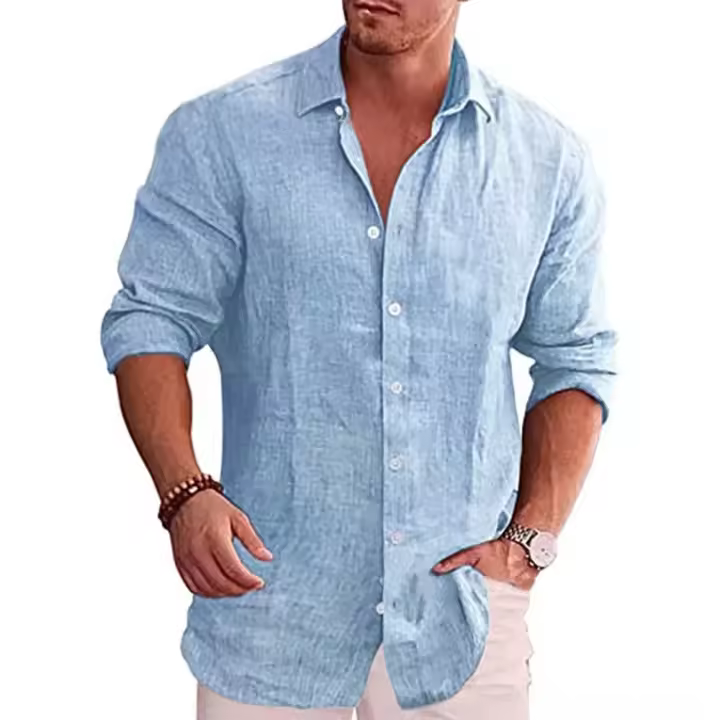 Camisa de Manga Larga de Algodón y Lino para Hombre Estilo Informal, Color Sólido, Talla Grande, Ventas de Otoño - 1