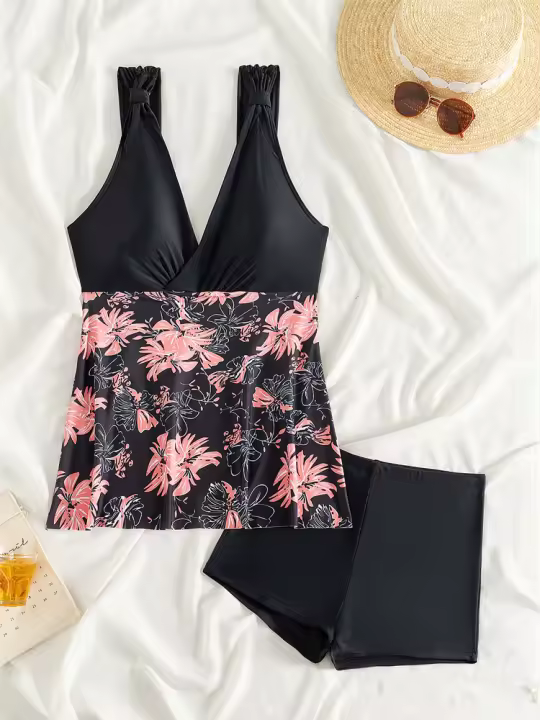 Bikini estampado con cuello en V para mujer, baño de dos piezas, Tankini, traje de playa de verano - 1