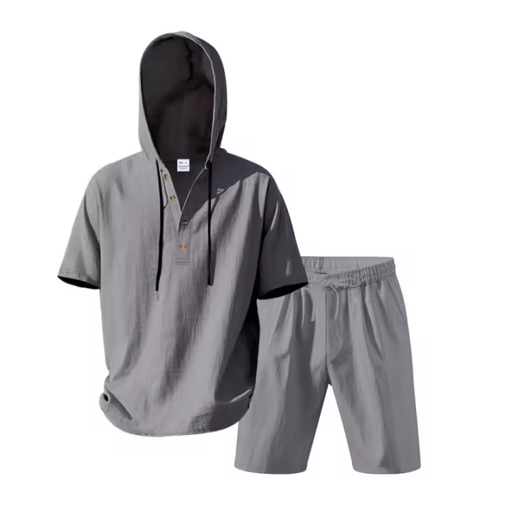 Conjunto de dos piezas de camisa de manga corta informal con capucha de lino de color liso para hombre y pantalón corto de playa - 1