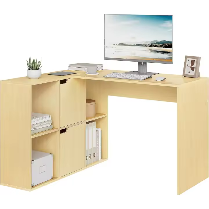 Escritorio L de Doble Tablero, Escritorio con Estantería de 6 Compartimentos, Mesa PC Ordenador para Estudio Oficina - 1