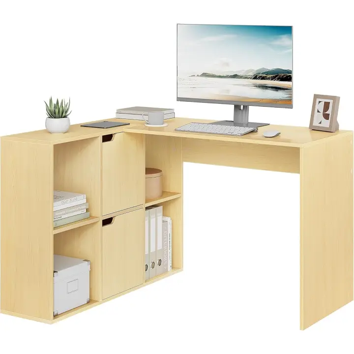 Escritorio L de Doble Tablero, Escritorio con Estantería de 6 Compartimentos, Mesa PC Ordenador para Estudio Oficina - 1