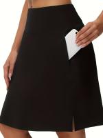 Faldita de cintura alta para mujer de rodilla con 5 bolsillos - Poliéster elástico, dobladillo dividido, color sólido para tenis y golf, negro, falda de golf |   Diseño de falda elegante |   Tejido de estiramiento medio - details 3
