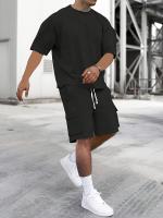 Tela transpirable] Conjunto de ropa deportiva beige para hombre: camiseta de poliéster con cuello redondo y pantalones cortos con cordón, lavable a máquina, comodidad de verano - details 25