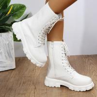 Botas de cuero de imitación de fondo grueso para mujer, Zapatos de tacón grueso Blanco, Otoño e invierno - details 11