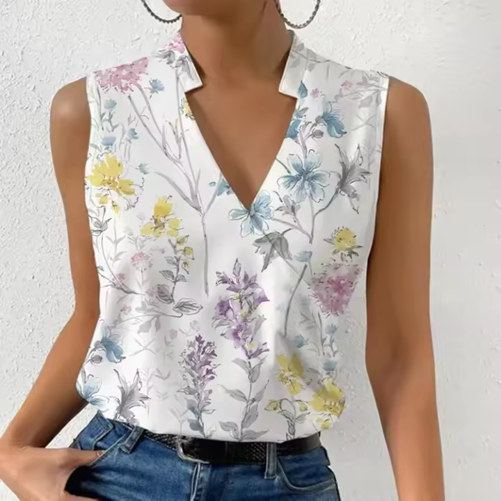 Camiseta informal de verano 2023 con tirantes estampados, camisa blanca sin mangas para mujer con cuello en V - 1