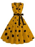 Women summer polka dot vintage  v neck lleeveless party dress elegant belt - details 3