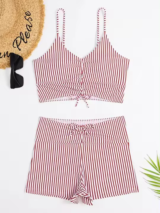 Conjunto de bikini de cintura alta para mujer, traje de baño tejido para mujer, minifalda reforzada, ropa de playa de moda - 1