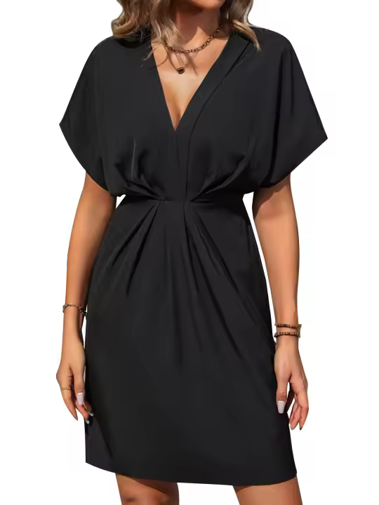 Vestido casual de mujer con cuello en V, manga corta, cintura alta, falda acampanada en negro - 1
