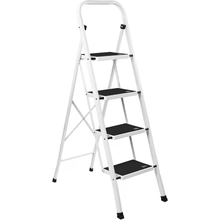 Escalera plegable de 4 peldaños con estructura de acero, taburete multifuncional con superficie antideslizante y base estable. |   Ligera, portátil y segura para el hogar, la oficina y las tareas domésticas. - 1