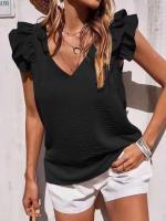 Camisa casual elegante con cuello en V para mujer, parte superior lisa con ribers de oficina, mangas de hoja de loto, verano - details 5