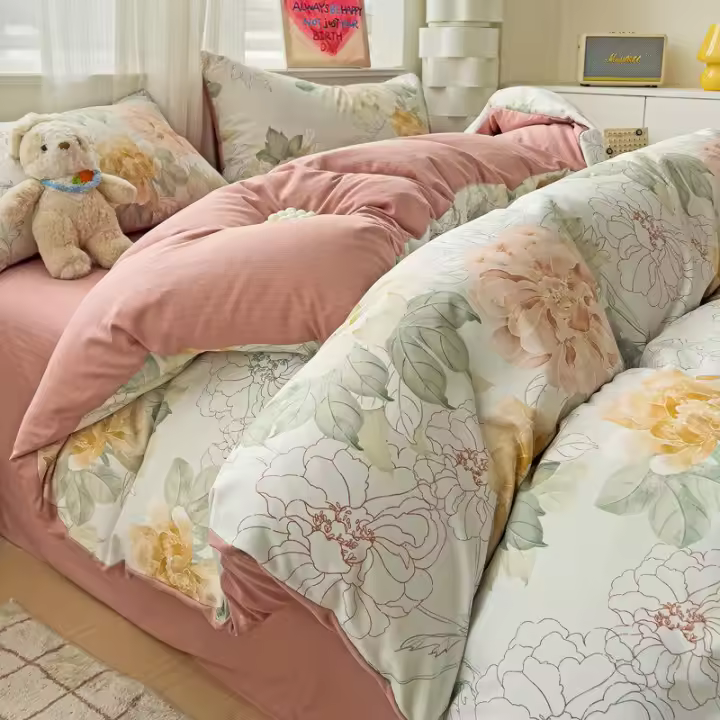 Juego de cama: Sábana ajustable de algodón lavado puro de cuatro piezas, funda de edredón, juego de tres piezas de cama individual para dormitorio de estudiantes: Sábana, funda - 1