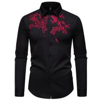 Camisa à manches longues brodée de fleurs exquises pour hommes, chemises de bureau monocromos décontractées, chemise de boîte de noche de fiesta masculino, mode printanière - details 11
