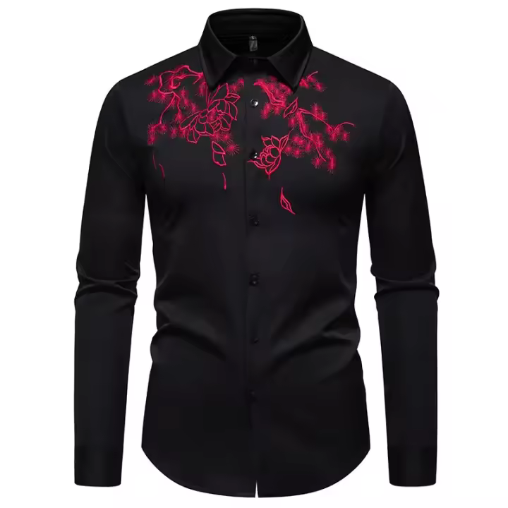 Camisa à manches longues brodée de fleurs exquises pour hommes, chemises de bureau monocromos décontractées, chemise de boîte de noche de fiesta masculino, mode printanière - 1