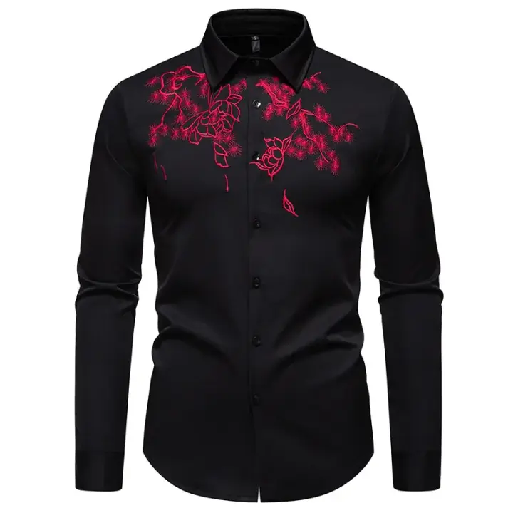 Camisa con mangas largas bordadas con flores exquisitas para hombres Camisas de oficina monocromáticas casuales Camisa de caja de noche festiva - 1