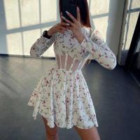 Vestido Mini de Túnica Impresa de Verano Cuello Largo Manga Larga Vestido para Mujeres con Detalles de Parche de Malla - details 3