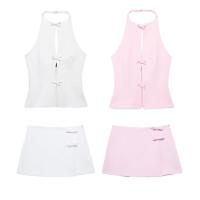 BUNO-Chaleco con lazo y espalda descubierta para mujer, Top calado sin mangas con cuello Halter, falda ajustada elegante, camisetas sin mangas femeninas Y2k, Top corto para oficina - details 2