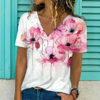Camiseta de Manga Corta con Cuello en V Moda Blanca para Mujeres Estampado 3D de Lavanda - details 33