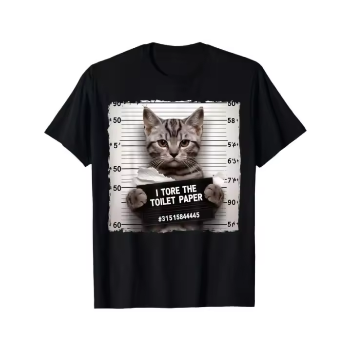 Fotos de la cárcel de gatos Rompí el papel higiénico Camiseta de taza de gato malo Diseño divertido de puro algodón seleccionado Material de puro algodón DIY, patrones ricos, suave y transpirable, casual y versátil - 1