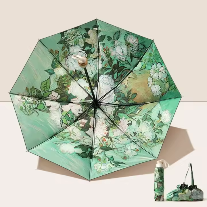 Paraguas plegable , paraguas de lluvia y sol de doble capa con bolsa de almacenamiento, protección UV, revestimiento de vinilo, sombrilla - 1