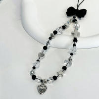 Cadena de teléfono con cuentas de estrella y flor transparente con lazo negro bonito coreano, cordón colgante de corazón de amor plateado para iPhone, cuerda colgante antipérdida - details 3