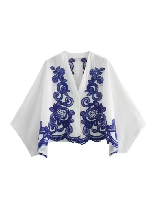 Flor Azul Porcelana Impresión Moda Liberación Serie Contraste Bordado Camisa Media Falda Conjunto de dos Piezas para las Mujeres - 1