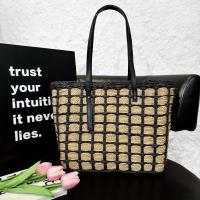 Bolso de mano de paja tejido de gran capacidad de inspiración vintage con patrón de rejilla negra: elegante para llevar en el hombro y las axilas, ideal para la playa, desplazamientos diarios y regalos navideños, disponible en negro, bolso de paja, tejido - details 0