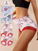 Paquete de 5 Bragas Elegantes de Algodón para Mujer de Tallas Grandes, Estampado Floral con Detalle de Encaje, Ropa Interior de Punto de Cintura Media - details 0