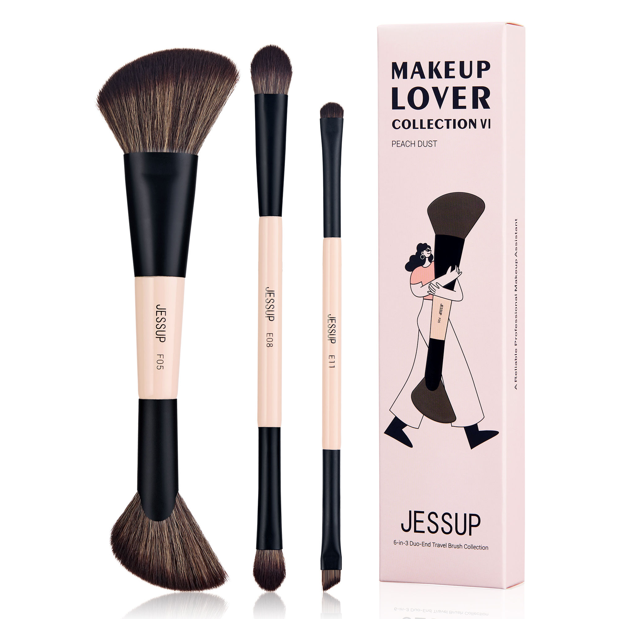 Jessup - Juego de brochas de maquillaje 3, 5 y 7 piezas, doble cara, para base, sombra de ojos, polvos, mezcla, sin crueldad animal, color melocotón T600