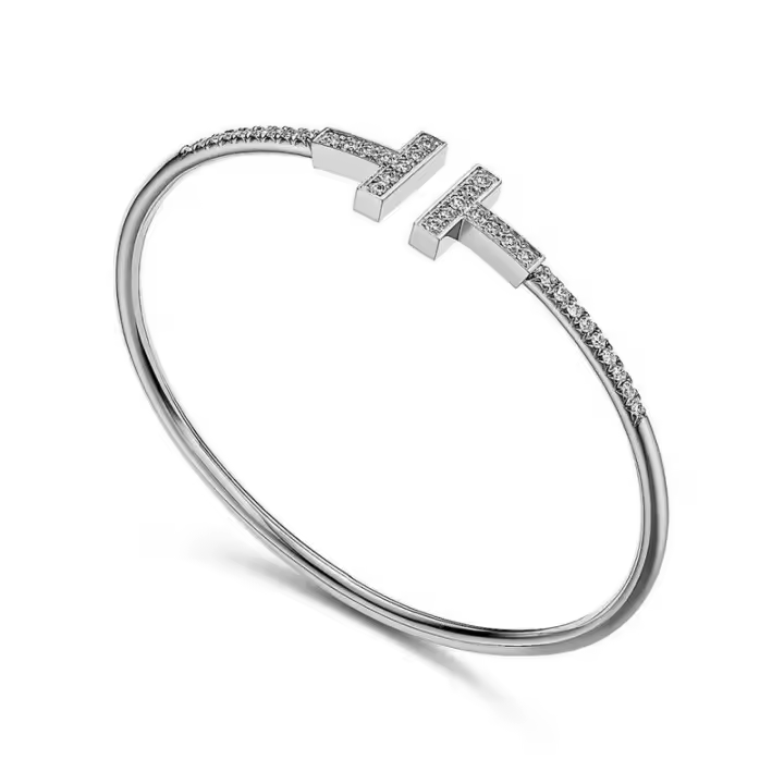 ΤΙΦΑΝΗ ™ Brazalete de alambre de diamantes Pavé, juego de doble T con diamantes redondos de talla brillante - 1